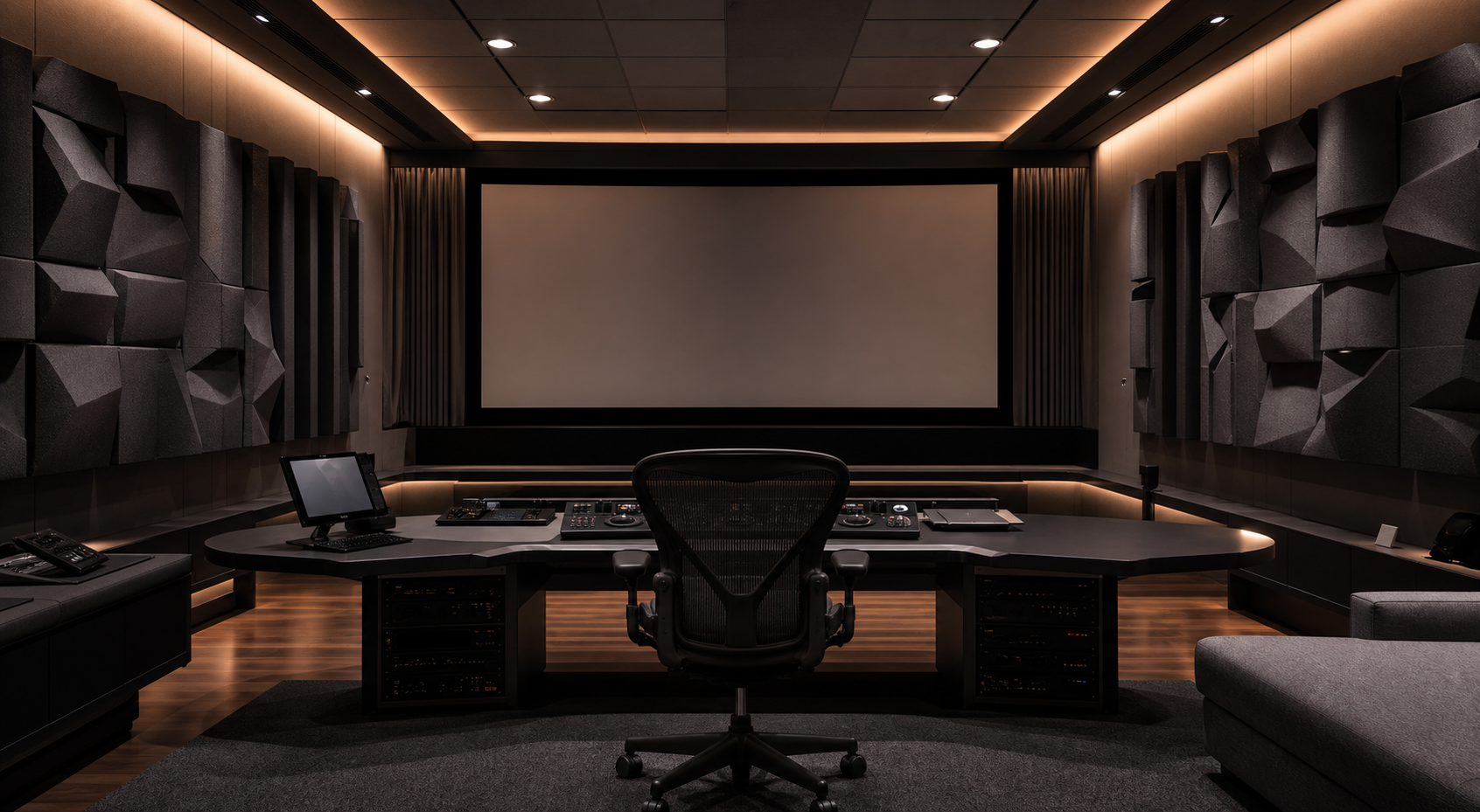 Sala di post-produzione con pannelli acustici e schermo